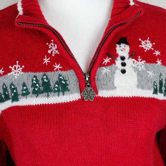 Breckenridge vintage 90s red Christmas snowman quarter zip sweater size petite M - Picture 3 of 9